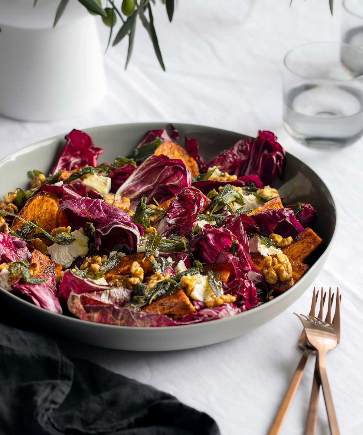 Radicchio & Roasted Sweet Potato Salad with Olive Oil Toasted Walnuts & Sage