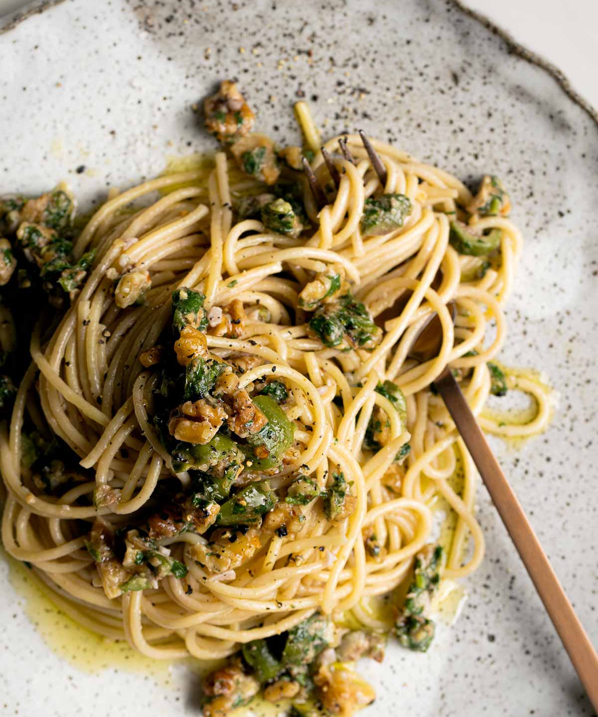 Roasted Walnut and Green Olive Spaghetti