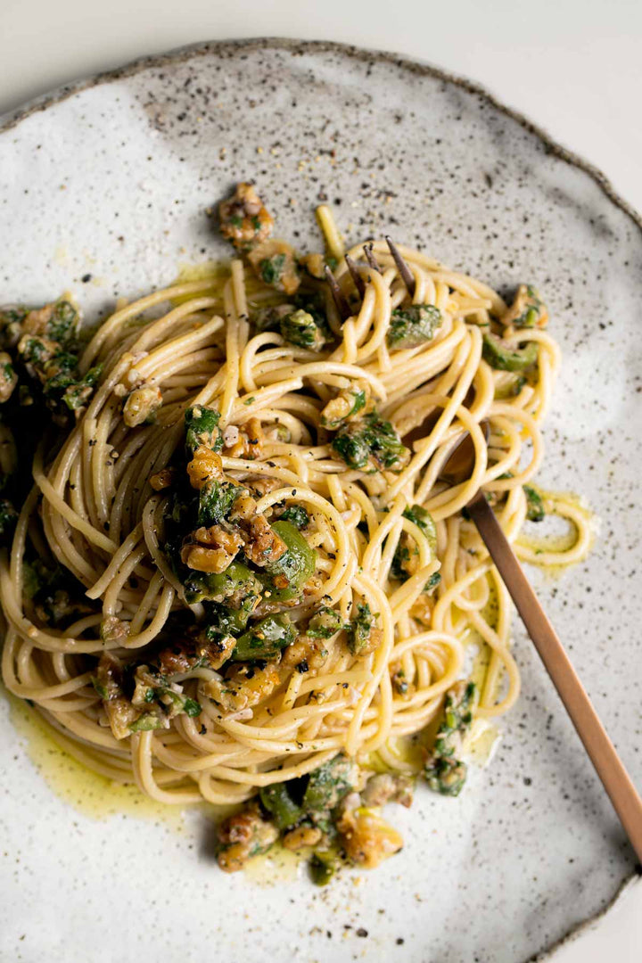 Roasted Walnut and Green Olive Spaghetti